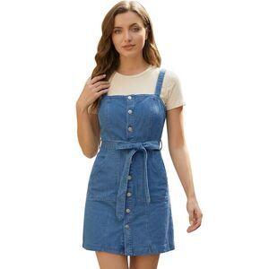 Women's Classic Adjustable Strap A-Line Overall Denim Dress Blue